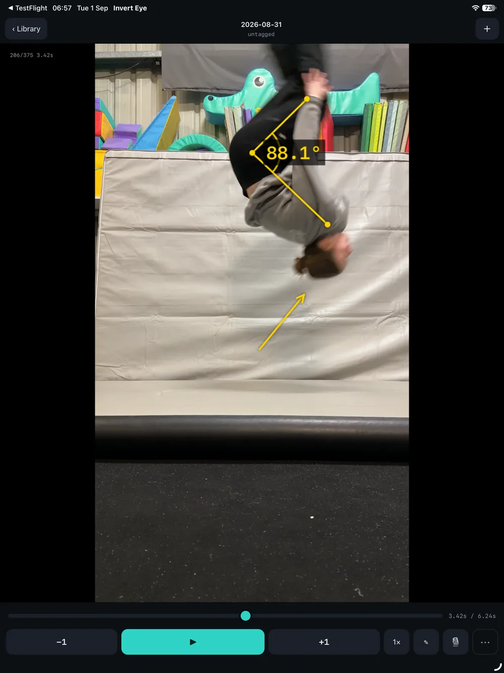 Invert Eye on iPad: a handstand paused mid-skill with an angle drawn over the shoulder reading 88.1 degrees, and playback controls below.